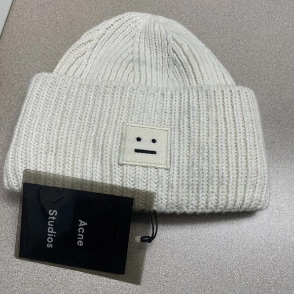 Acne Studios Pansy Face Patch Rib Wool Beanie Knit Cap Hat Winter Headwear
